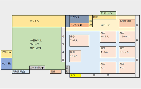 貸切インテリアカフェ collect with cafe【コレクトウィズカフェ】の会場の特徴-パーティー開催時の間取り図（例）